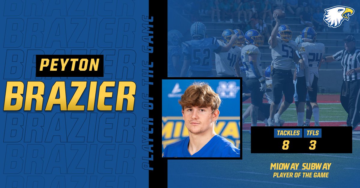 Congratulations to Peyton Brazier, this week's Midway Subway Sprint Football Player of the Week! Peyton had eight tackles and three tackles for loss against Oakland City last Saturday.