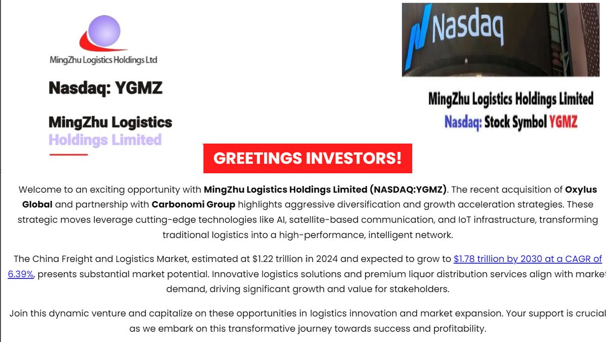 $YGMZ MingZhu Logistic's next chapter is here. See the latest press release: MingZhu to Acquire HOLDCO 36 in Transformational Business Combination ir.szygmz.com/mingzhu-logist…
#logisticscompany #logistics #shipping #peoplesrepublic #export $NIO $EDU $BEKE $SGN
#investor #shareholders