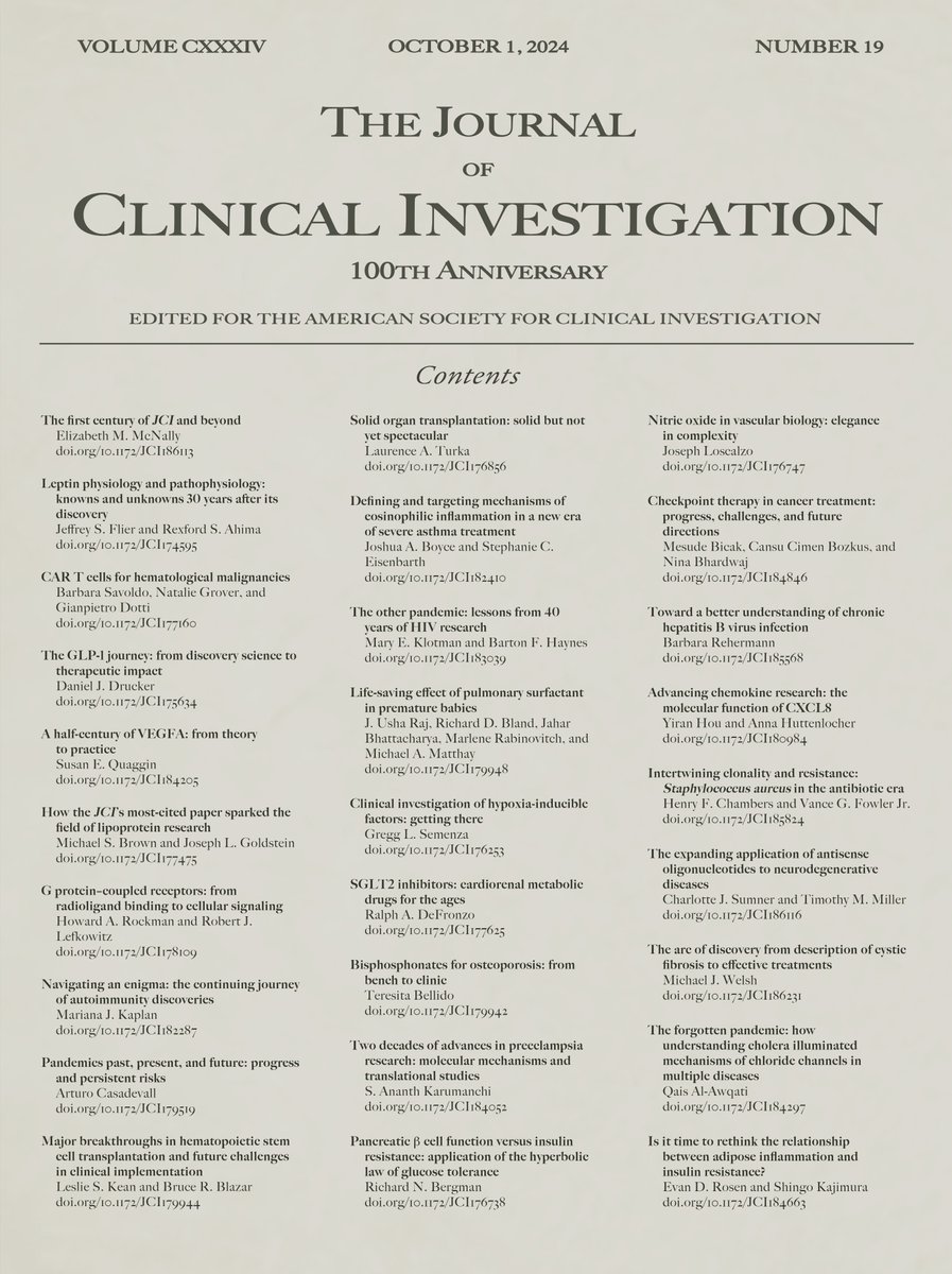 Journal of Clinical Investigation (@jclinicalinvest) on Twitter photo The first century of JCI and beyond...
Editor-in-Chief <a href="/emmcnally/">Elizabeth McNally</a> reflects on the 100th anniversary of the Journal of Clinical Investigation, major breakthroughs in medicine in the last century, and emerging areas of innovation.
jci.org/articles/view/⦠The first century of JCI and beyond...
Editor-in-Chief <a href="/emmcnally/">Elizabeth McNally</a> reflects on the 100th anniversary of the Journal of Clinical Investigation, major breakthroughs in medicine in the last century, and emerging areas of innovation.
jci.org/articles/view/ā¦