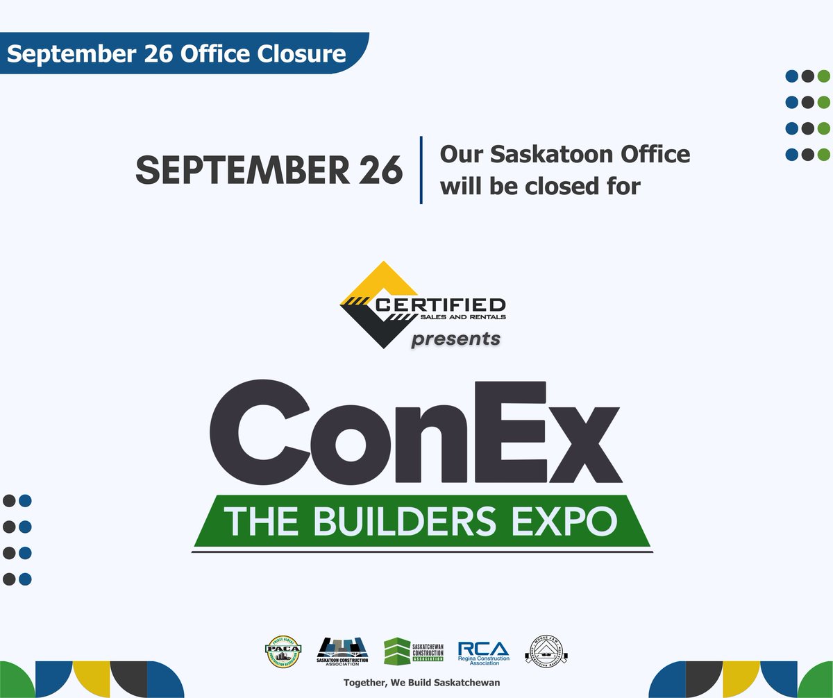 📢 Office Closed on Sept 26

Our Saskatoon office will be closed for ConEx: The Builders Expo.

See you all at #ConEx2024!

#TogetherWeBuildSK🏗️