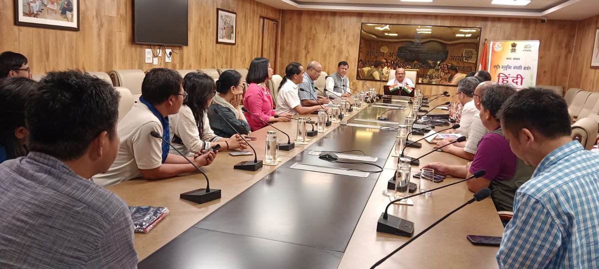 ncsthq's tweet photo. Tribal representatives from Manipur (Kuki) met Shri Antar Singh Arya, Hon'ble Chairman and Shri Nirupam Chakma, Hon'ble Member, NCST seeking urgent action to safeguard and protect their constitutional rights and for prevention of atrocities committed against them. https://t.co/183OER7ptl