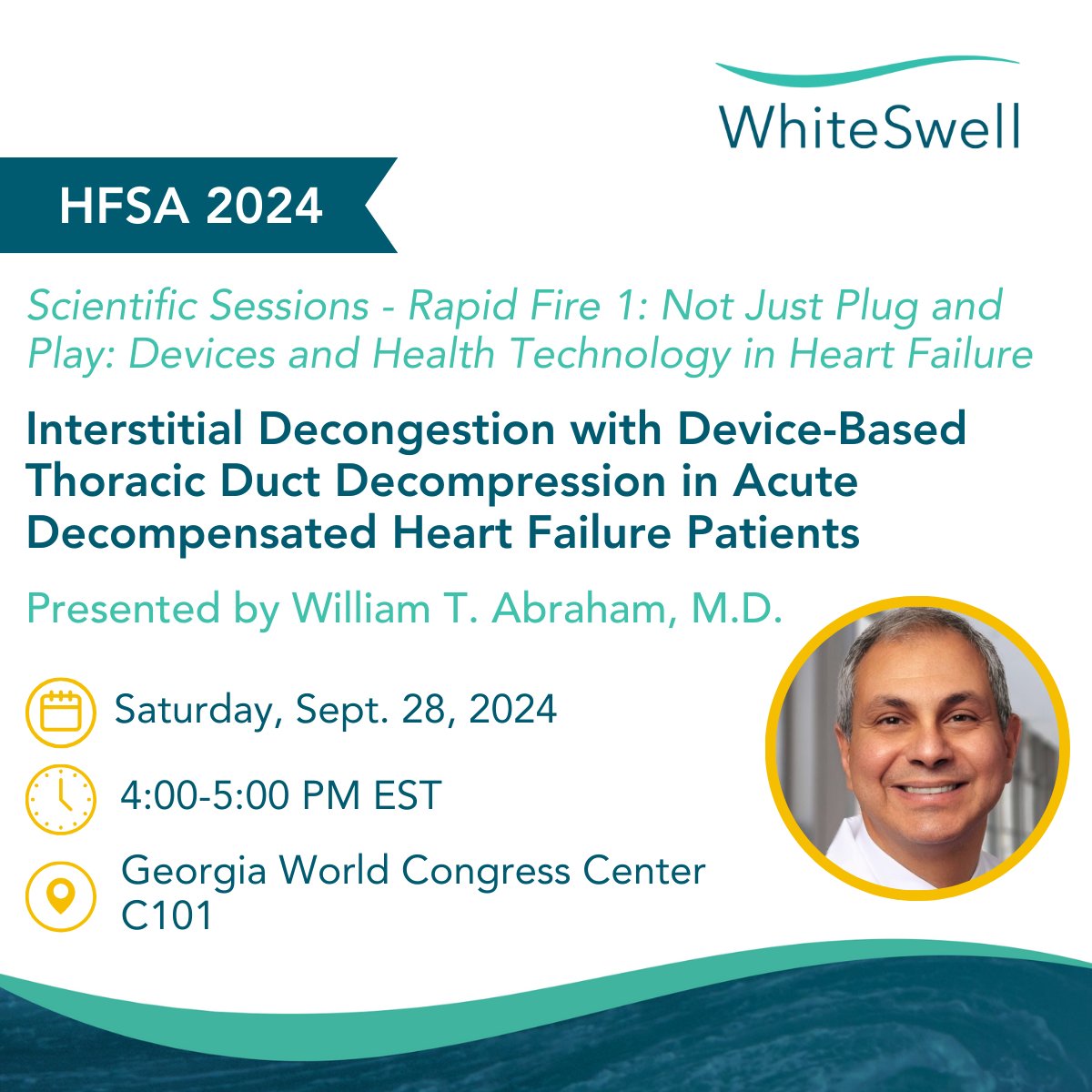 Don’t miss us at #HFSA2024, where Dr. William T. Abraham will present a clinical update from WhiteSwell’s ongoing DELTA-HF trial evaluating the WhiteSwell eLym™ System for the treatment of acute decompensated #HeartFailure.

#CardioTwitter

Caution: Investigational Device