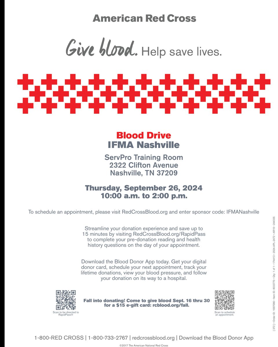 IFMA Nashville Blood Drive TOMORROW!  Come give blood and save a life. 

To schedule your donation please go to RedCrossBlood.org and enter IFMANashville as your sponsor code!
ifmanashville.org