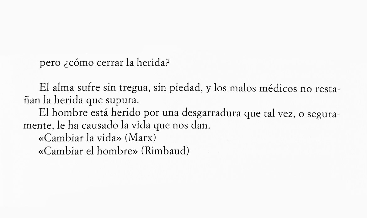 Pizarnik en 1971, sobre el estado actual y lo que hay que hacer: «El alma sufre sin tregua. ¿Cómo cerrar la herida? ¡Cambiar la vida! (Marx) ¡Cambiar el hombre! (Rimbaud)».