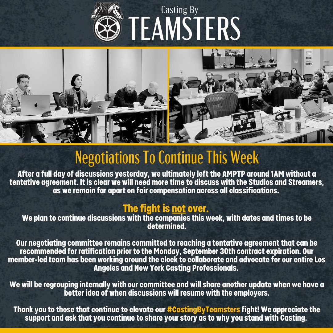 Teamsters_399's tweet photo. CASTING NEGOTIATIONS TO CONTINUE THIS WEEK 👊
Our member-led negotiating committee have been working around the clock for a fair and equitable deal for Casting Director, Associate Casting Directors and Casting Assistants.
Thank you for the support!
#castingbyteamsters https://t.co/4Kuamw4cbV