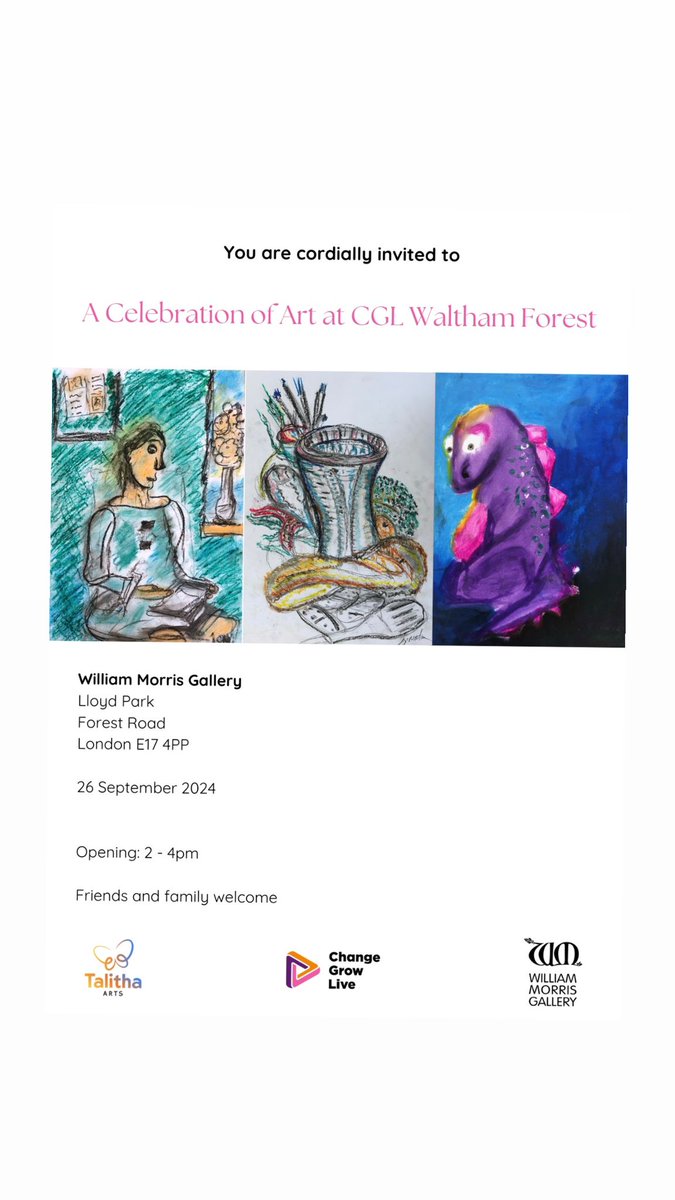 We would like to invite you along to <a href="/WMGallery/">WilliamMorrisGallery</a> as @cglinwf and <a href="/talitha_arts/">♥Performing Artiste♡</a> exhibit works created by participants of our recent workshops. There are some great works in the exhibition and an opportunity to meet the artists. 🎨 🖼
#RecoveryMonth #art
#creativity <a href="/wfcouncil/">Waltham Forest Council</a>