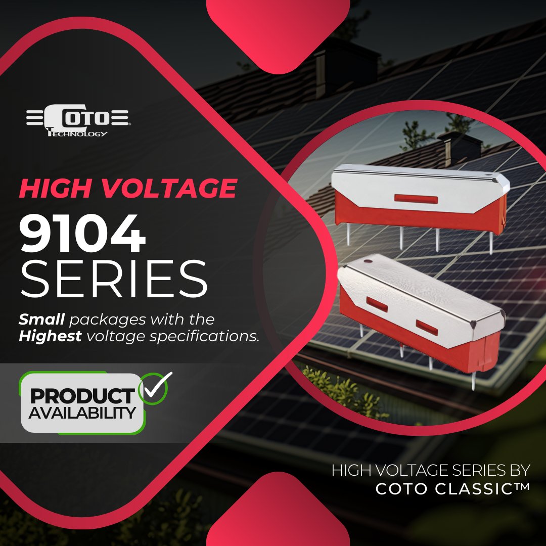 CotoTechnology's tweet photo. The 9104 series provides remarkable voltage capabilities in a compact SIP molded package, featuring:
✔ High voltage switching up to 1000 V  
✔ Outstanding dielectric strength of 4250 V DC  
✔ Rated power exceeding 70 Watts  

Explore the features today https://t.co/s2aqJsjkQJ https://t.co/CO04pgADw3