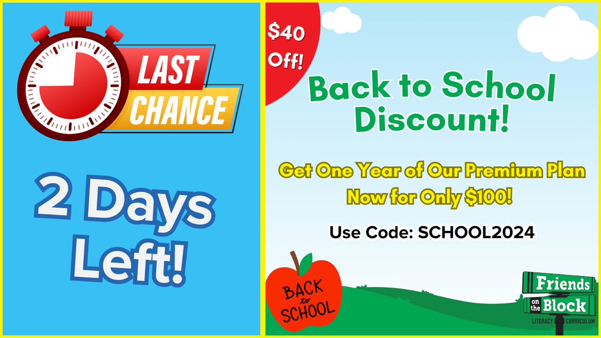 There's only two days left to take advantage of our Back to School Discount! Use Coupon Cde: SCHOOL2024 for $40 off One Year of a Premium Digital Membership!

Check out the Membership and use this limited time offer at www.friendsontheblock/store