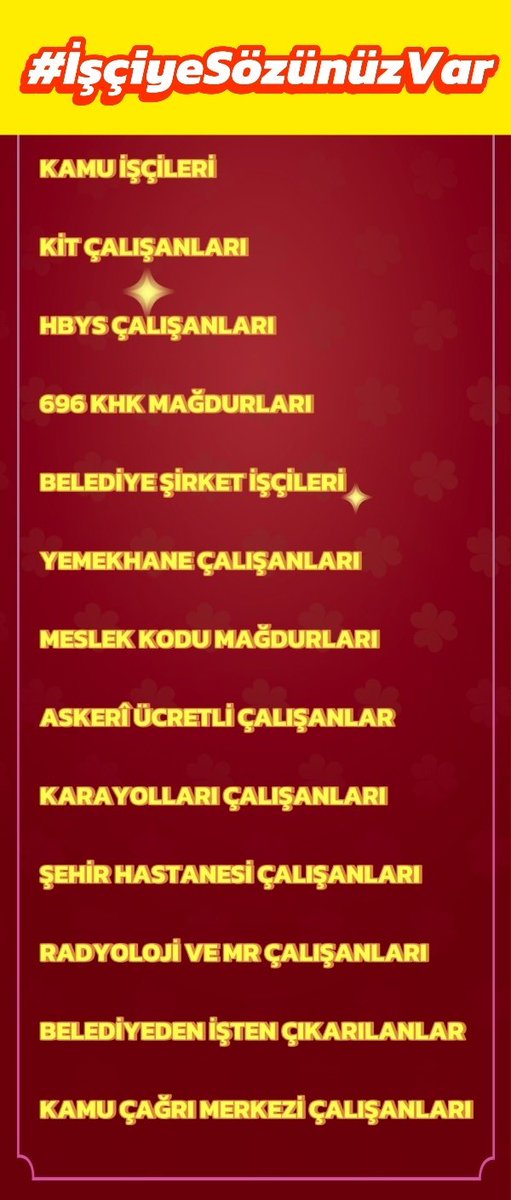 BELEDİYE ŞİRKET İŞÇİLERİ PLATFORMU (@hakveadale) on Twitter photo Kamu da Çalışıp Kamu işçisi sayılmayan sayıları 700 Bin taşeron işçi olup Belediye Şirketlerine aktarılan emekçilerimiz kadro almadı
Verilen sözlerin tutulmasını istiyoruz.
<a href="/tcbestepe/">T.C. Cumhurbaşkanlığı</a> <a href="/RTErdogan/">Recep Tayyip Erdoğan</a>
<a href="/dbdevletbahceli/">Devlet Bahçeli</a> <a href="/csgbakanligi/">T.C. Çalışma ve Sosyal Güvenlik Bakanlığı</a> <a href="/isikhanvedat/">Prof. Dr. Vedat Işıkhan</a> <a href="/Akparti/">AK Parti</a> <a href="/MHP_Bilgi/">MHP</a>
#İşçiyeSözünüzVar Kamu da Çalışıp Kamu işçisi sayılmayan sayıları 700 Bin taşeron işçi olup Belediye Şirketlerine aktarılan emekçilerimiz kadro almadı
Verilen sözlerin tutulmasını istiyoruz.
<a href="/tcbestepe/">T.C. Cumhurbaşkanlığı</a> <a href="/RTErdogan/">Recep Tayyip Erdoğan</a>
<a href="/dbdevletbahceli/">Devlet Bahçeli</a> <a href="/csgbakanligi/">T.C. Çalışma ve Sosyal Güvenlik Bakanlığı</a> <a href="/isikhanvedat/">Prof. Dr. Vedat Işıkhan</a> <a href="/Akparti/">AK Parti</a> <a href="/MHP_Bilgi/">MHP</a>
#İşçiyeSözünüzVar