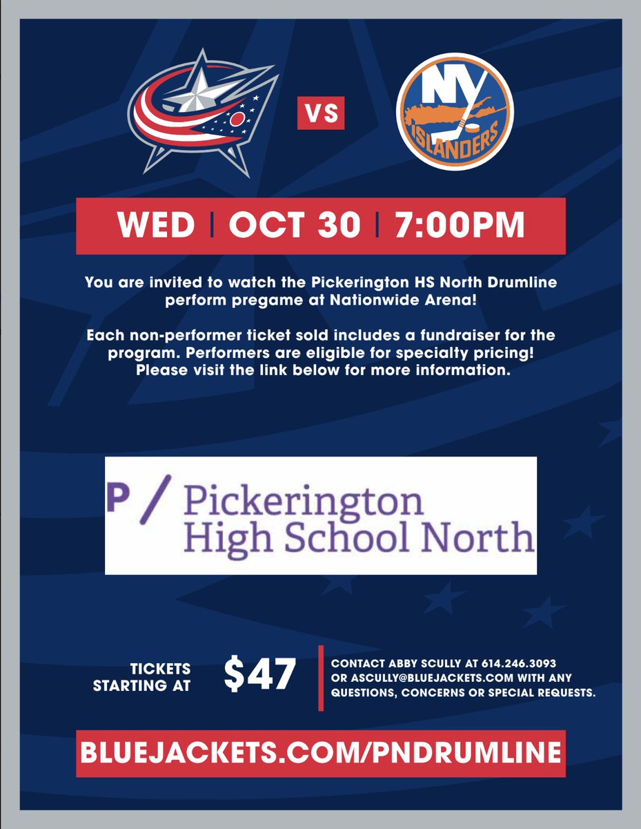 The North Drumline will perform at Nationwide Arena on October 30 prior to CBJ vs. NYR, puck drop at 7pm. 

Our performance will be from 6-6:30, please join us! 

Visit bluejackets.spinzo.com/cbj-vs-new-yor… and click "Buying Options." 

<a href="/PLSD/">Pickerington Schools</a> <a href="/PLSDMusic/">Pickerington MusicEd</a> <a href="/NorthPride/">PHSN Band</a> <a href="/PNAthletics/">Pickerington North Athletics</a>
