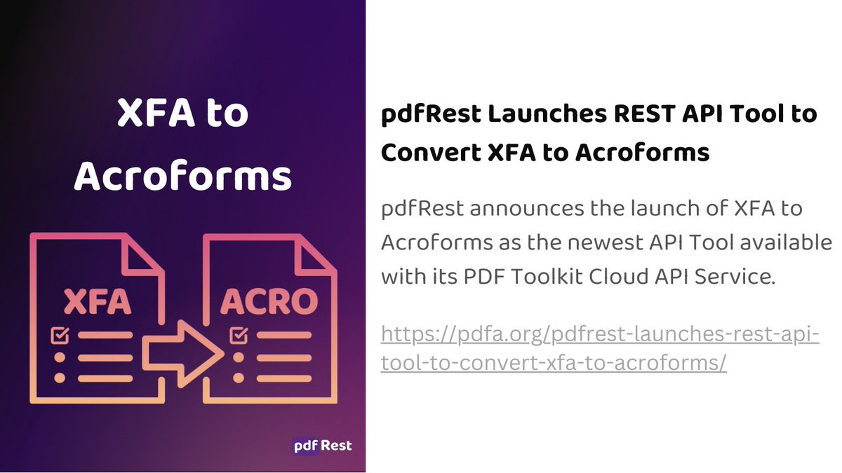 pdfRest's tweet image. @pdfRest announces the launch of its new #XFA to #Acroforms conversion API tool. This innovative solution addresses the limitations of XFA forms, providing businesses with a more compatible and efficient way to manage their PDF documents. 

Learn more:  pdfa.org/pdfrest-launch…