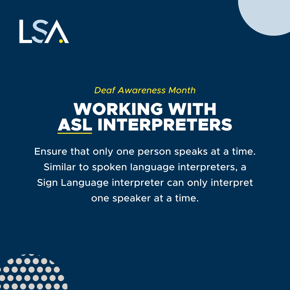 LSAWeb's tweet image. When working with Sign Language interpreters, ensure that only one person speaks at a time. Similar to spoken language interpreters, a Sign Language interpreter can only interpret one speaker at a time.

#ASL #WorkingWithInterpreters #LanguageAccess