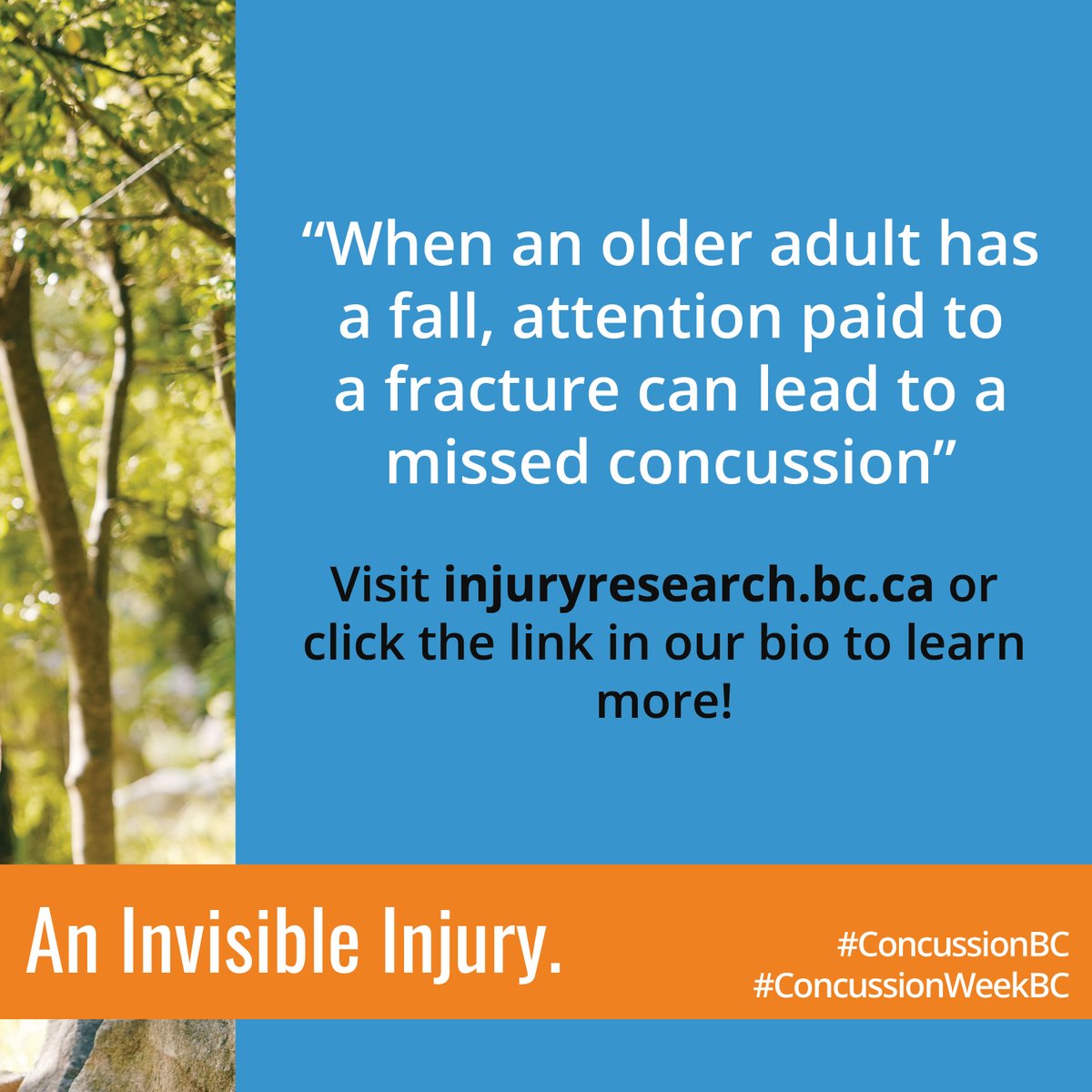 cattonline (@cattonline) on Twitter photo When an older adult has a fall, attention paid to a fracture can lead to a missed concussion. Don’t forget to check for this invisible injury. Visit injuryresearch.bc.ca
#concussionbc #concussionweekbc
<a href="/BCChildrensHosp/">BC Children's Hospital</a> <a href="/BCCHresearch/">BC Children's Hospital Research Institute</a> When an older adult has a fall, attention paid to a fracture can lead to a missed concussion. Don’t forget to check for this invisible injury. Visit injuryresearch.bc.ca
#concussionbc #concussionweekbc
<a href="/BCChildrensHosp/">BC Children's Hospital</a> <a href="/BCCHresearch/">BC Children's Hospital Research Institute</a>