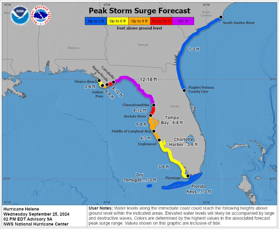 NHC_Surge's tweet image. 9/25 2pm EDT: There is a danger of life-threatening storm surge from #Helene along the entire west coast of the Florida Peninsula and Florida Big Bend. Residents in those areas should follow advice given by local officials and evacuate if told to do so.