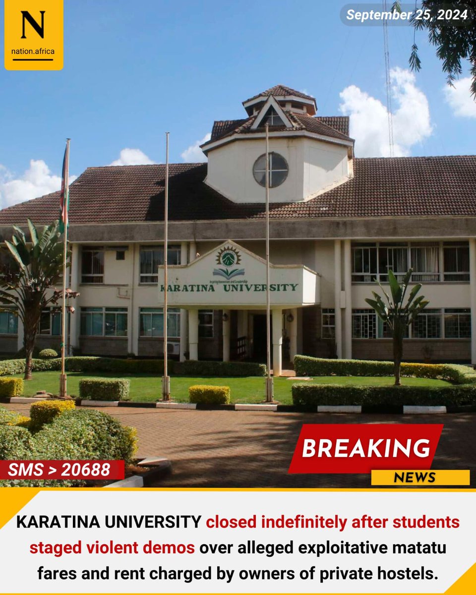 LiasonMedia's tweet photo. Karatina University closed indefinitely as students turn rowdy over high cost of living.

Our education sector is crying for reforms to restore its glory.
@EugeneOngeri @Arap_Nyasikera 
@ https://t.co/zYXkNwVer4