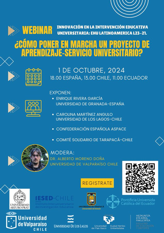 ▶️Poner en marcha un proyecto de ApS: elementos necesarios, reflexiones inevitables y críticas imprescindibles.
🗓️1 de octubre de 2024
⏰18:00 horas 🇪🇸/ 13:00 horas 🇨🇱/11:00 horas 🇪🇨 ✍️forms.gle/2936LjFvm5N8Df……

 <a href="/hermenautaazul/">Juan Carlos González</a> <a href="/vyepezr/">Veronica Yepez-Reyes</a> <a href="/CorralesGaitero/">Carlos Corrales Gaitero</a> <a href="/santiuio/">Santiago Andrade</a>