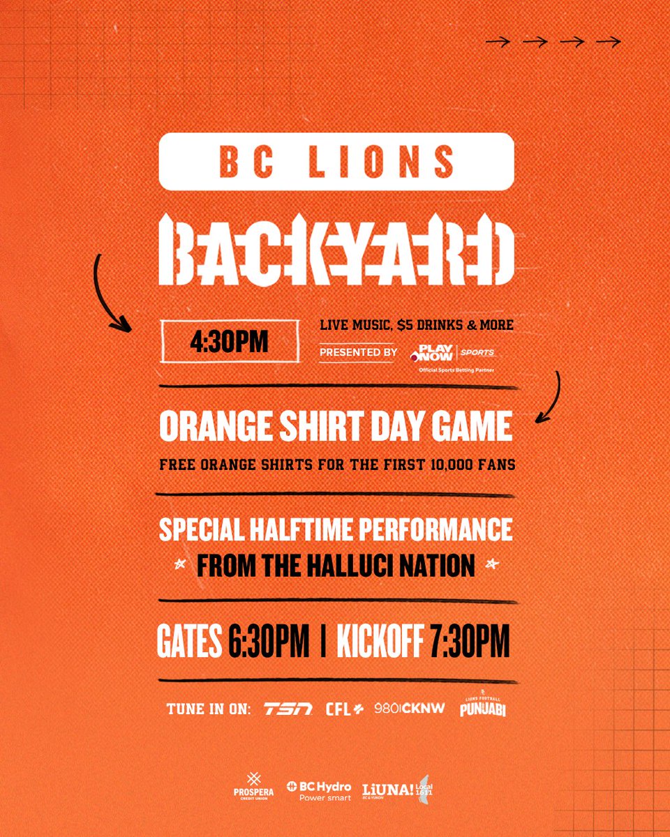 BCLions's tweet photo. 🧡 The #OrangeShirtDay Game is Friday night!
The first 10,000 fans score a newly designed tee! Shop the Indigenous Marketplace, vibe with @DJ_Oshoa & get fired up with #TheHalluciNation at the half! 🎶🔥
🎟️ https://t.co/fAPn7rrdzn
@ProsperaCU @BCHydro @LiUNA1611 https://t.co/mg3TVlBwed