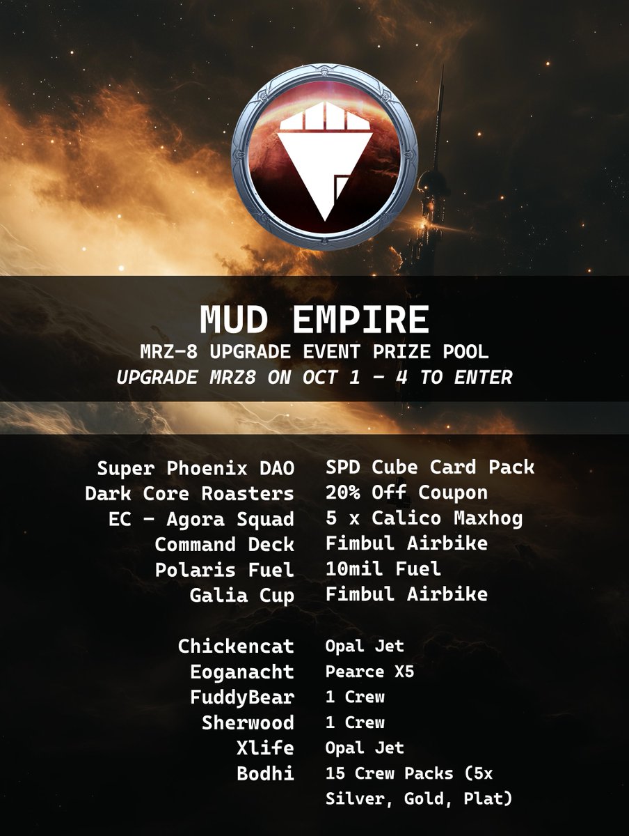 🏗️ Mass Upgrade Event

The Empire calls upon you to upgrade the MRZ-8 starbase. Those who answer will be entered for a chance to win <a href="/staratlas/">Star Atlas</a> prizes!

How to join:
- Upgrade MRZ-8 on Oct 1 to Oct 4.
- Send verification of upgrade in MUD Empire discord: discord.gg/3QwGrzUYv3