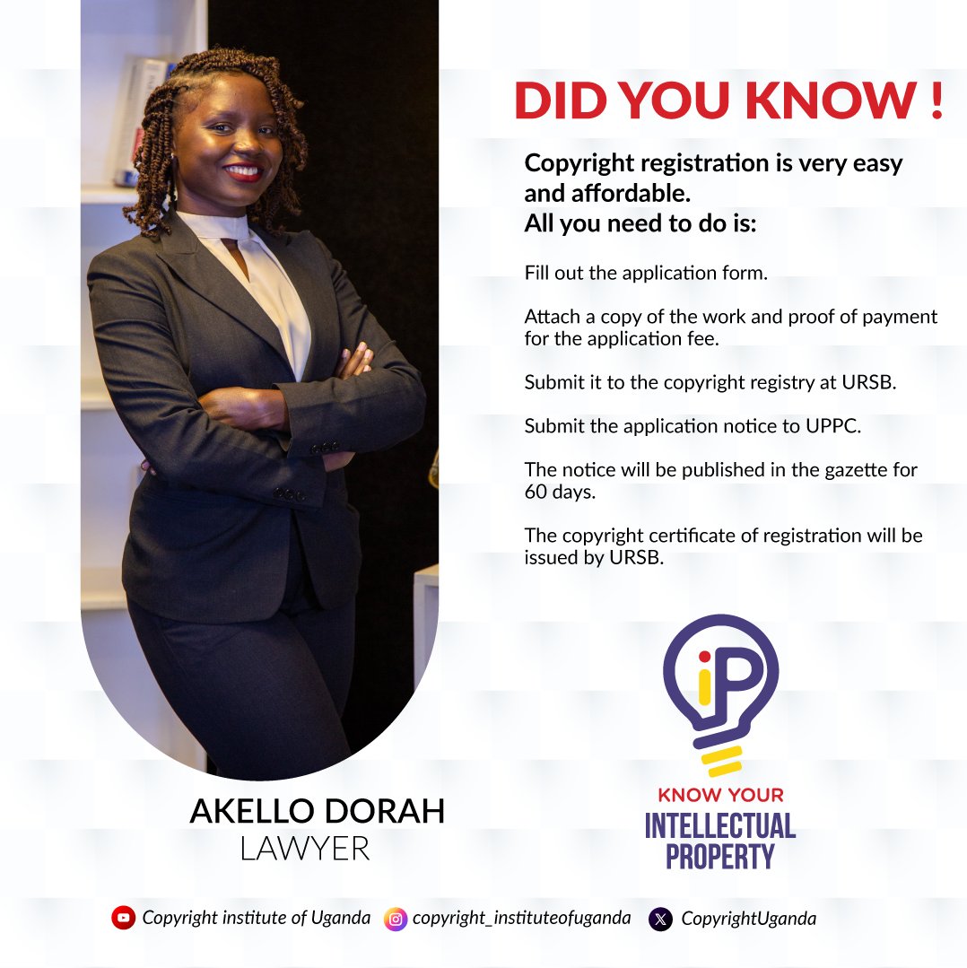 Wonder no more about how to register your copyright. Click the link to watch our detailed video on how you can register your copyright in Uganda.
youtu.be/gCdJiZTRecs?si…