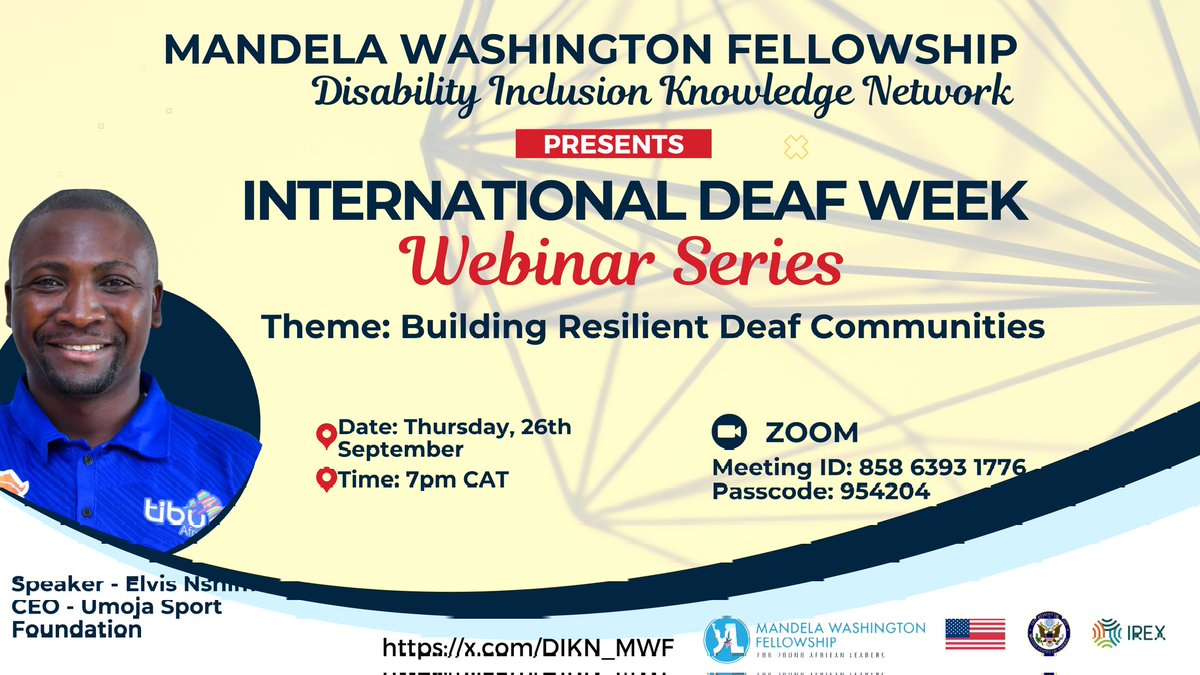 DIKN_MWF's tweet image. Mandela Washington Fellowship Disability Information Knowledge Network in commemoration of
INTERNATIONAL DEAF WEEK
Day 4 - Thursday 26 Sept, Building Resilient Deaf Communities
#DeafAwarenessWeek
#awarenss
#mwfdikn
#mwf
#internationalday