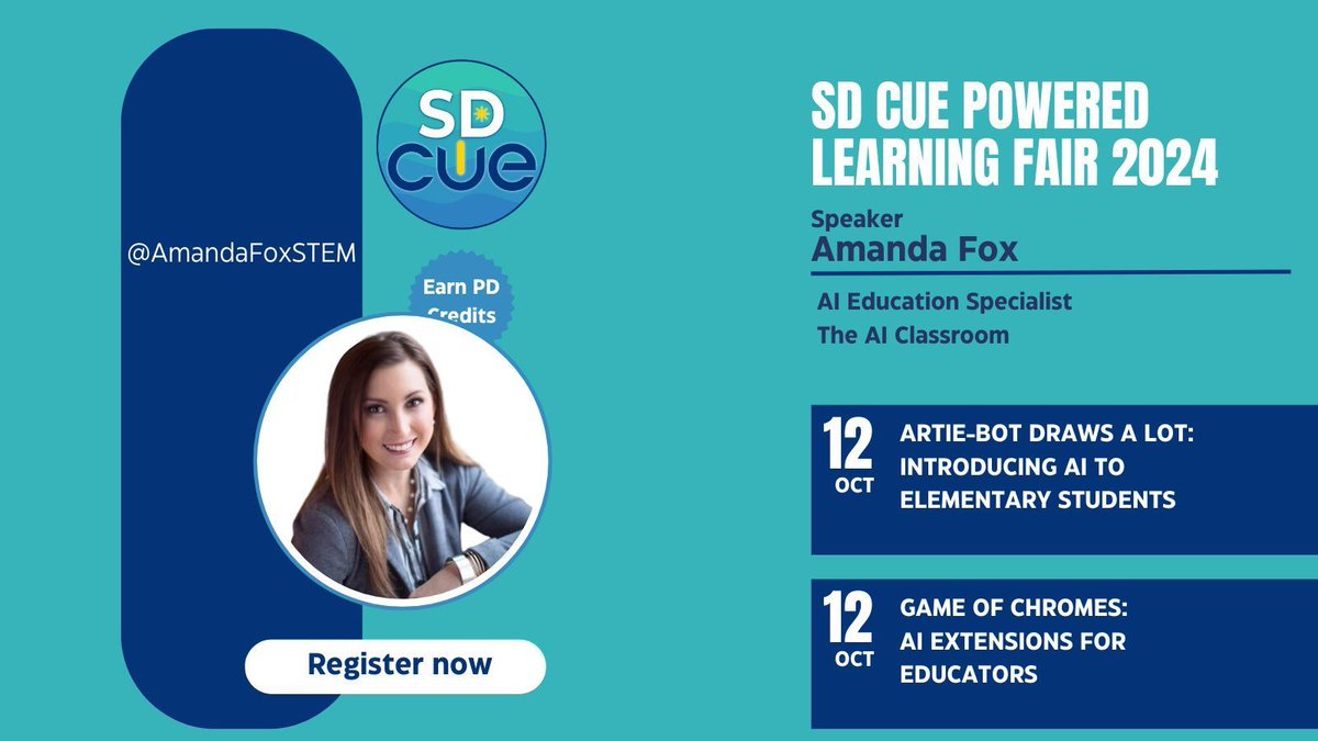 SanDiego_CUE's tweet image. .@AmandaFoxSTEM from The AI Classroom is speaking about AI and Chrome extensions at the #SDCUE PL Fair! @CUEinc
Register today - bit.ly/sdcue24
