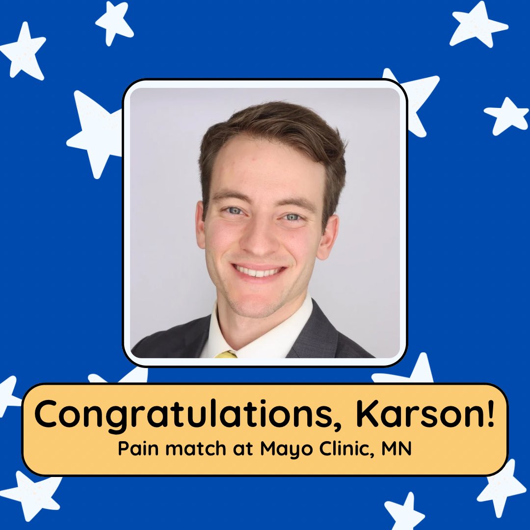 Congratulations to Karson Mostert on your match into pain fellowship at Mayo Clinic in Rochester, MN. We are excited to have you here another year with us!