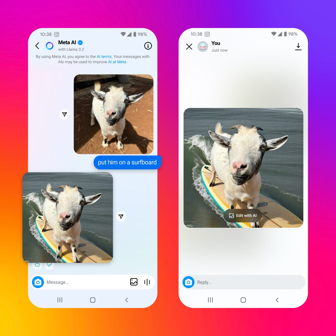 instagram's tweet image. ❤️‍🔥4 new features that’ll upgrade your Instagram experience thanks to Meta AI

1. Send a photo to Meta AI in a DM and describe what you want added, removed or changed 🎉🖼️ (testing in the US)
