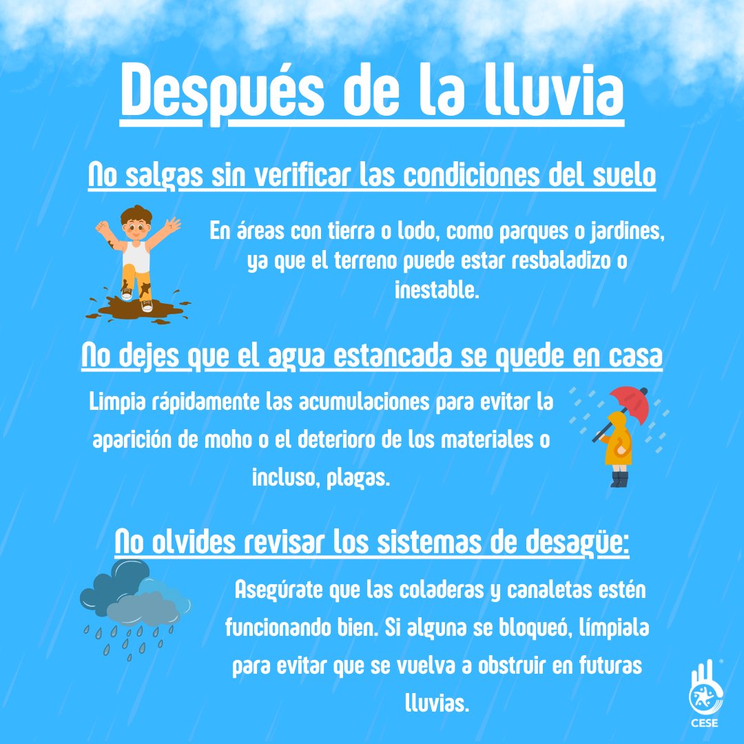 ceseconsultores's tweet photo. Las lluvias en nuestro país seguirán y diferentes zonas de la #CDMX son muy propensas a inundarse. Por lo que es importante saber qué hacer antes, durante y después de la lluvia 🌧️

#Lluvias #Clima #Helene #Huracan https://t.co/rkOkJwDJbF