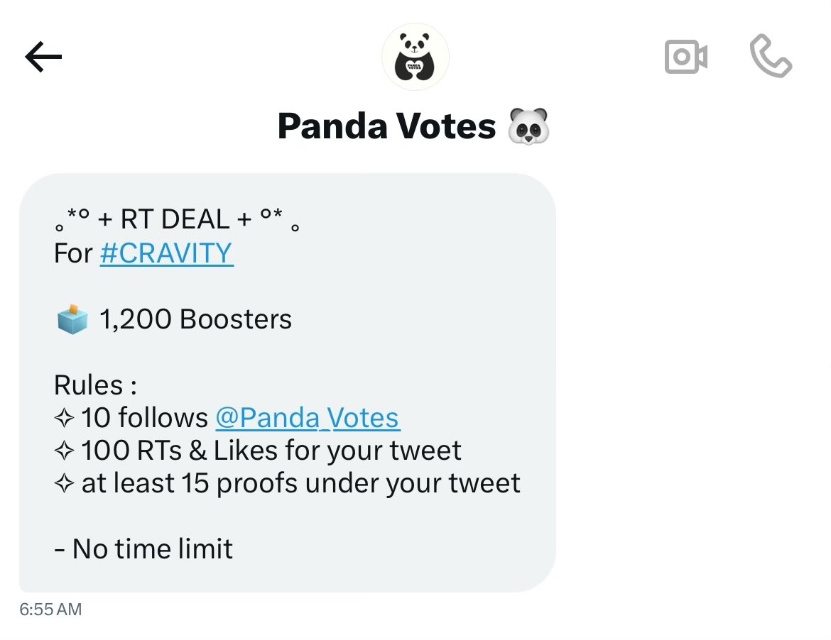 ｡⁠*° ⁠+ RT DEAL + °*⁠⁠ ｡⁠
For #CRAVITY 

🗳️ 1,200 Boosters 

Rules : 
⁠✧ 10 follows <a href="/Panda_Votes/">Panda Votes 🐼</a>
✧ 100 RTs &amp; Likes for your tweet 
✧ at least 15 proofs under your tweet

- No time limit

Thank you for the deal, <a href="/Panda_Votes/">Panda Votes 🐼</a> 
Luvitys, please follow the instructions 🙏