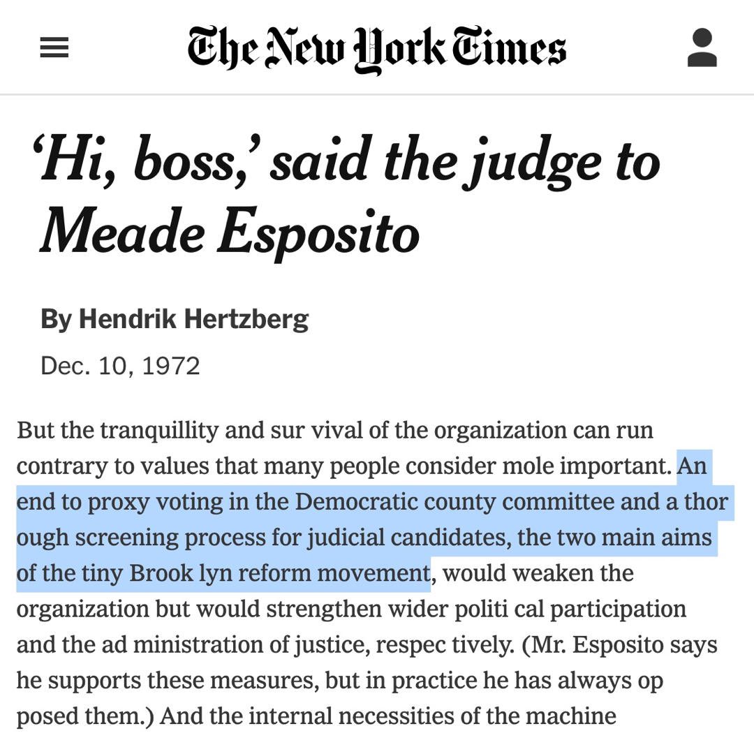 RepYourBlock's tweet photo. Reading this quote in a 1972 New York Times article on the eve of the 2024 County Committee Organizational Meeting, where we will once again be advocating for proxy reform and changes to the judicial selection process, is a good reminder that this has been a long fight! https://t.co/5PXAIHhGHm