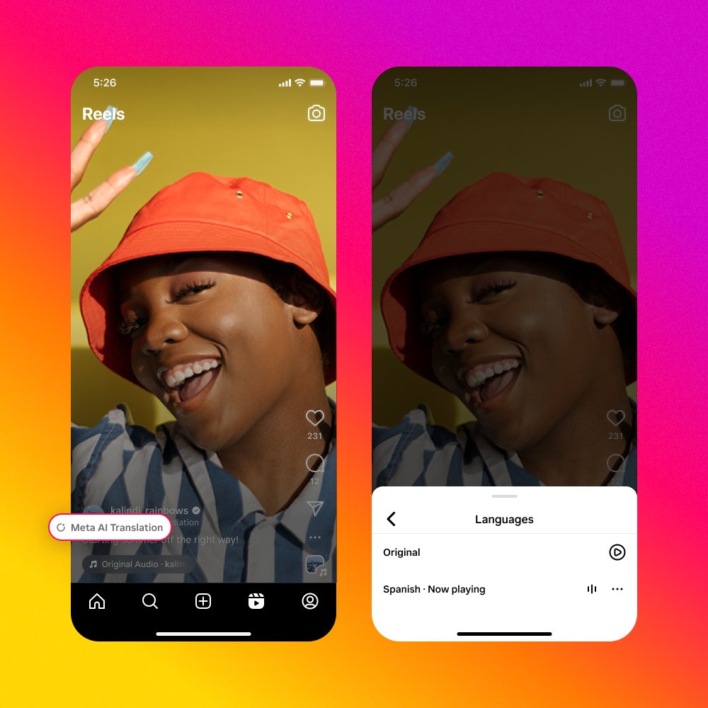 instagram's tweet photo. 4. Let more people enjoy your content in different languages. With automatic dubbing and lip-syncing, Meta AI translates your voice in Reels 🗣️✨ (limited testing in English and Spanish) https://t.co/6pe0V8dixq