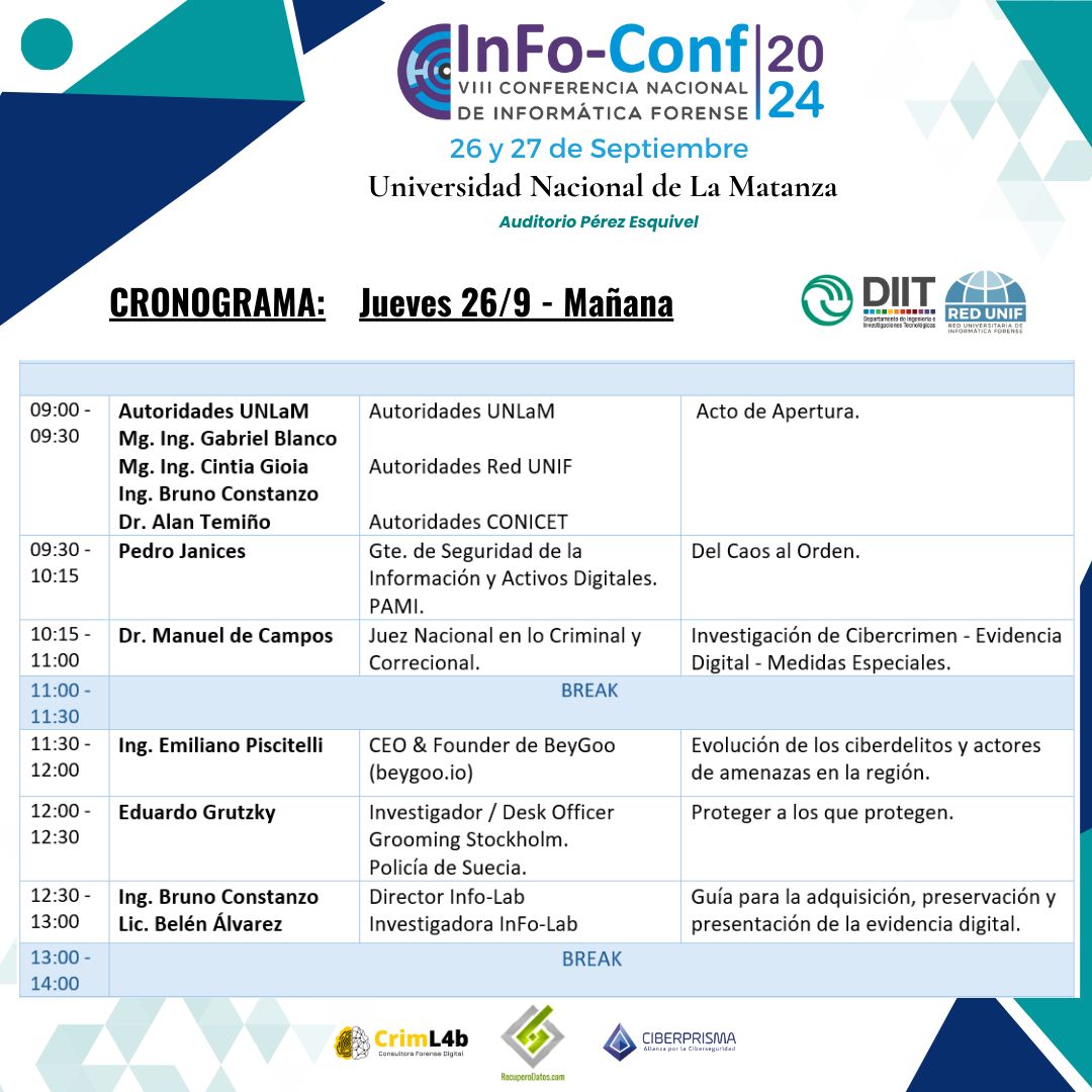 buqui587's tweet photo. Mañana arranca la Info Conf. Un lindo espacio para la informática forense en todo su espectro. El viernes tendré el honor de estar disertando sobre un tema q me apasiona hace años. https://t.co/eWYkKBQWdp