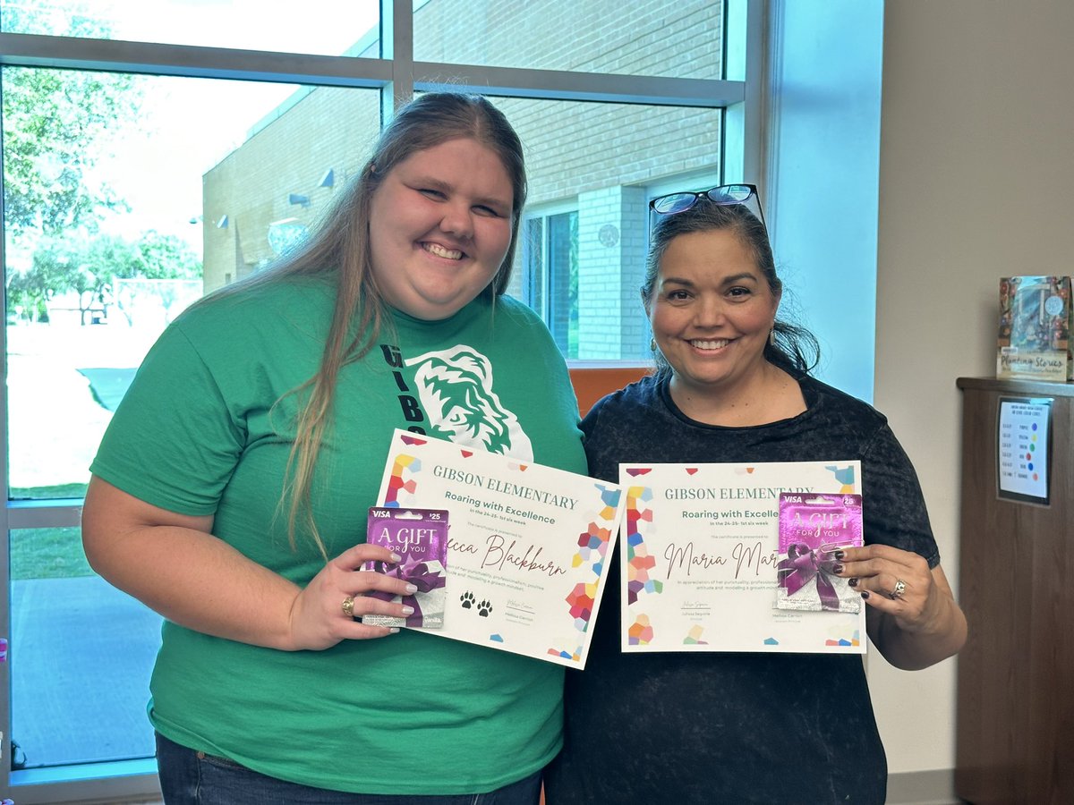 Congratulations to Mrs. Martinez &amp; Ms. Blackburn for receiving the Roaring with Excellence award this six weeks 🐻 
These grizzlies were nominated for their hard work &amp; passion for growing positive student &amp; family relationships ⭐️ 
#WeAreGibson #UnleashYourInnerGrizzly