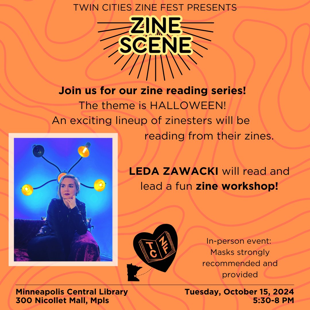 Twin Cities Zine Fest (@tczinefest) on Twitter photo Tuesday October 15th at <a href="/hclib/">Hennepin County Library</a>'s Minneapolis Central Library: join us for a free zinester reading and a zine workshop led by <a href="/CupofStars1/">Leda Zawacki</a>. The theme is Halloween; come celebrate the spooky season with us! 👻 Tuesday October 15th at <a href="/hclib/">Hennepin County Library</a>'s Minneapolis Central Library: join us for a free zinester reading and a zine workshop led by <a href="/CupofStars1/">Leda Zawacki</a>. The theme is Halloween; come celebrate the spooky season with us! 👻
