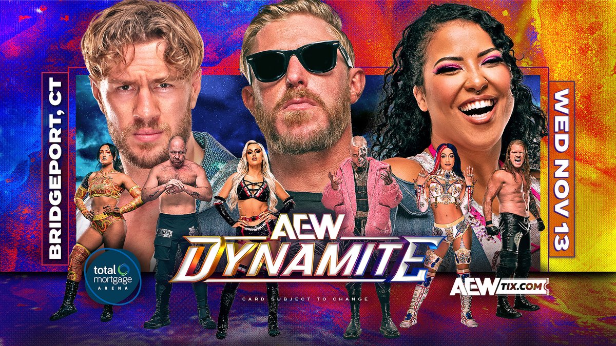 AEW's tweet photo. 🚨 Tickets are ON SALE NOW for the following events at https://t.co/UN1cNj1SFY!

• Bridgeport, CT: #AEWDynamite Wed. November 13th @TotalMtgArena
• Fishers, IN: #AEWDynamite Wed. December 4th @FishersEventCtr
• St. Louis, MO: #AEWCollision Thu. December 12th @chaifetzarena https://t.co/OTLu8KrXZ6