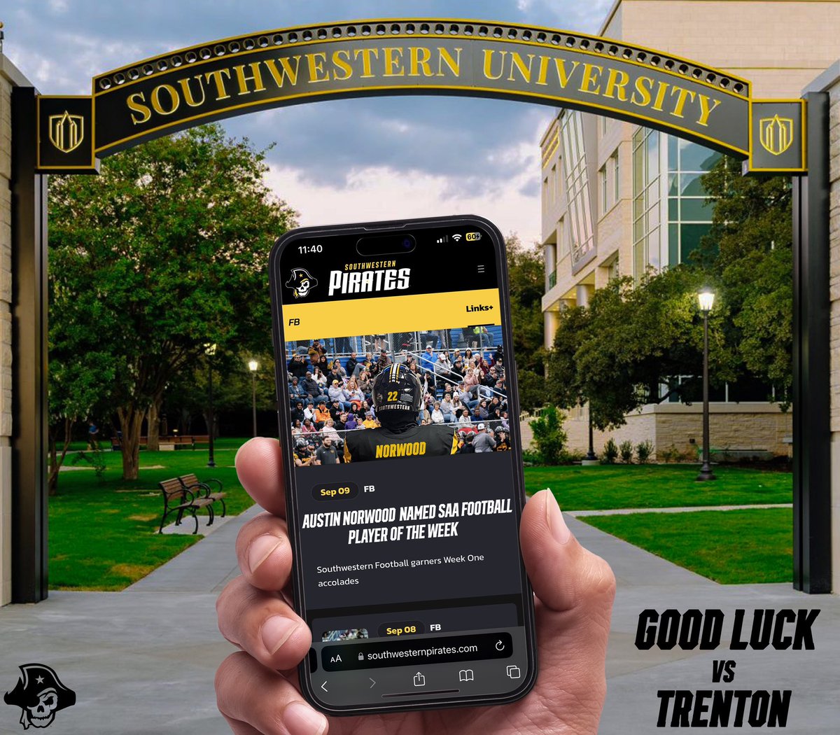 Thank you <a href="/CoachBishopSU2/">Coach John Bishop</a> and <a href="/SUPiratesFB/">Southwestern FB</a>