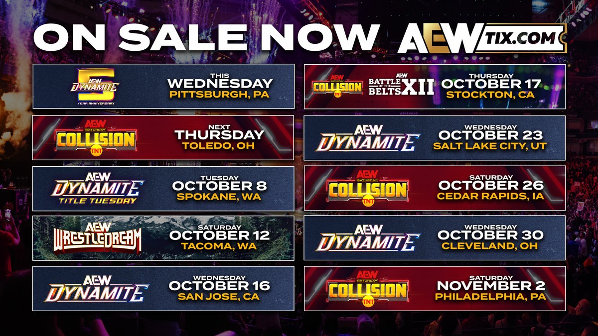 AEW's tweet photo. 🚨 Tickets are ON SALE NOW for the following events at https://t.co/UN1cNj1SFY!

• Bridgeport, CT: #AEWDynamite Wed. November 13th @TotalMtgArena
• Fishers, IN: #AEWDynamite Wed. December 4th @FishersEventCtr
• St. Louis, MO: #AEWCollision Thu. December 12th @chaifetzarena https://t.co/OTLu8KrXZ6