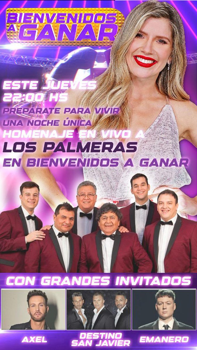 Homenaje a <a href="/LosPalmeras_OK/">LosPalmerasOficial</a> 🌴 en el programa @BienvenidosAGanar junto a grandes invitados: <a href="/axeloficial/">Axel</a> @destinosanjavier y <a href="/emanero/">Emanero</a>. 🎶🔥

Jueves 26 de Septiembre a las 10 pm hora de Argentina. 🇦🇷

#LosPalmeras #Axel #Emanero #DestinoSanJavier #Cumbia #CafeRecords