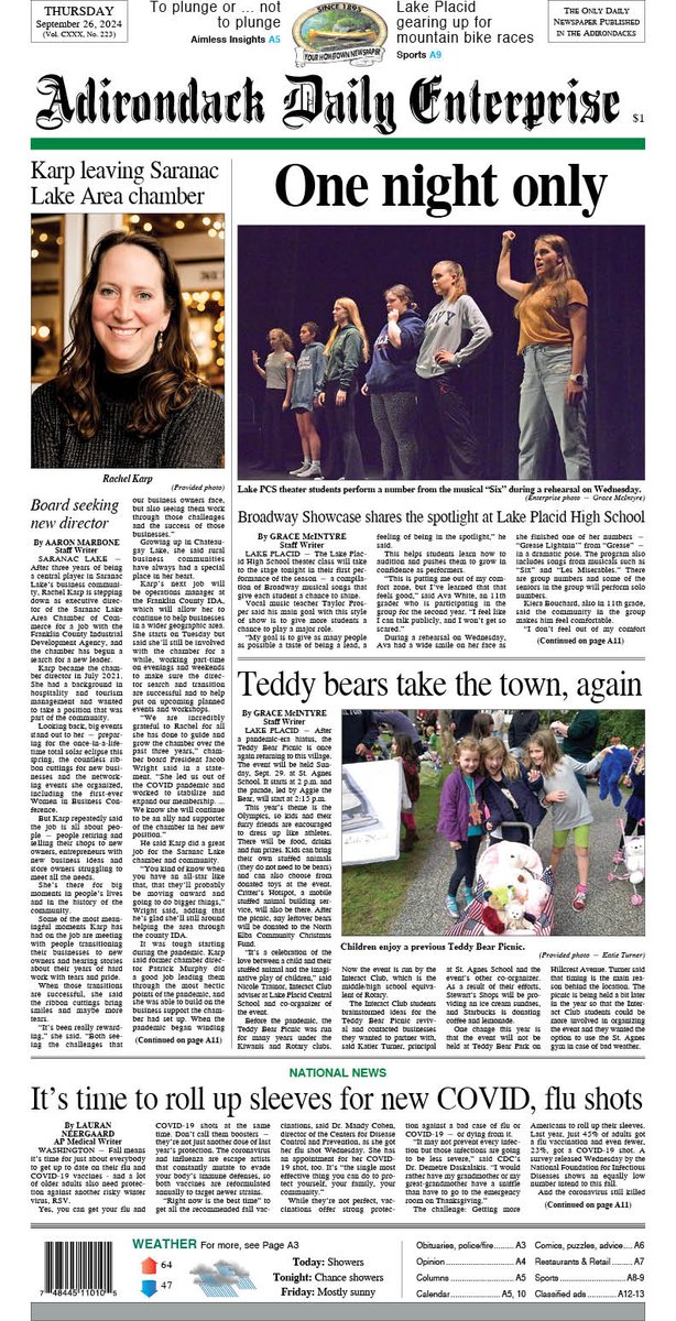 Today's front page: Karp leaving Saranac Lake Area chamber. Broadway Showcase shares the spotlight at Lake Placid High School. Teddy bears take the town, again. And it’s time to roll up sleeves for new COVID, flu shots.

Read these stories and more at adirondackdailyenterprise.com.