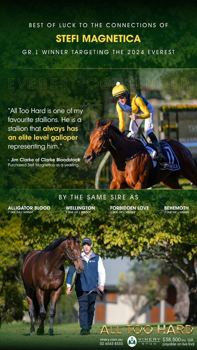 TTR AusNZ (@ttrausnz) on Twitter photo 🟢 Best of luck to the connections of STEFI MAGNETICA 🟢
Gr.1 winner targeting the 2024 Everest 🏔️
"All Too Hard is one of my favourite stallions. He is a stallion that always has an elite level galloper representing him." - Jim Clarke of <a href="/ClarkeBstock/">Clarke Bloodstock</a>
➡️ <a href="/VineryStud/">Vinery</a> 
➡️ 🟢 Best of luck to the connections of STEFI MAGNETICA 🟢
Gr.1 winner targeting the 2024 Everest 🏔️
"All Too Hard is one of my favourite stallions. He is a stallion that always has an elite level galloper representing him." - Jim Clarke of <a href="/ClarkeBstock/">Clarke Bloodstock</a>
➡️ <a href="/VineryStud/">Vinery</a> 
➡️