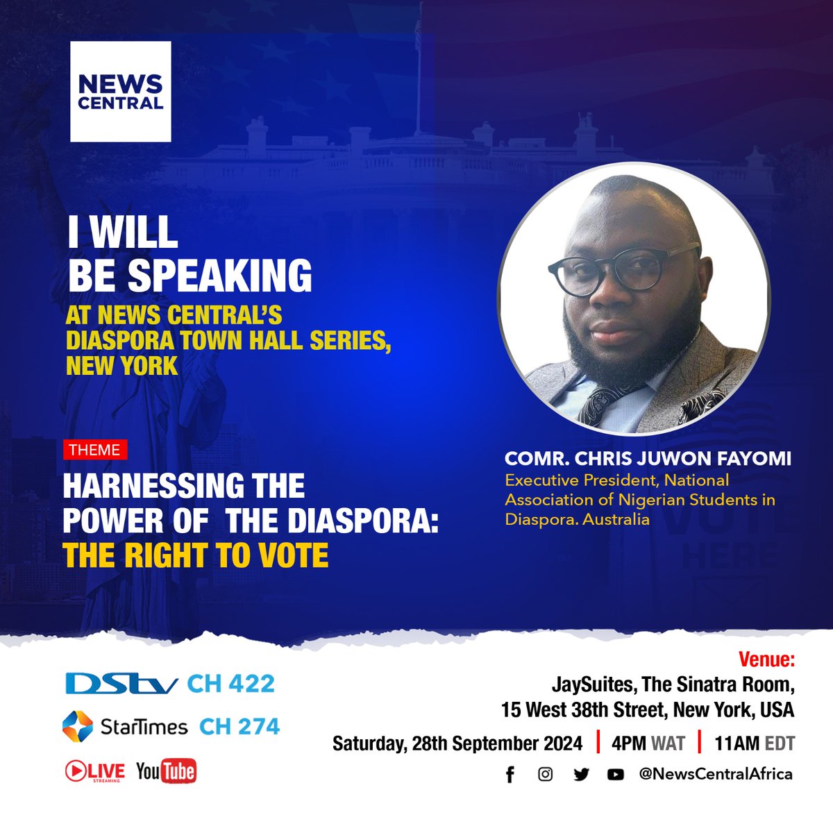 NANS_Diaspora's tweet photo. Diaspora voting is a necessity. Join the President of NANS Diaspora and other great speakers as they discuss the need for Diaspora voting.
@AaronAkpuPhilip @ARISEtv @abikedabiri @seyimakinde @SenRemiTinubu @Speaker_Abbas @fmydNG @nidcom_gov @ufodike @mrsufodike https://t.co/DSFW2gNBFv