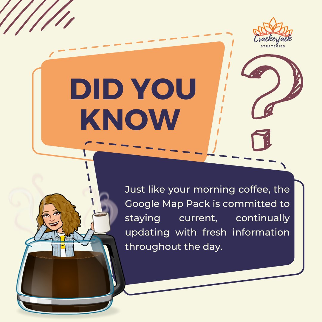 CrackerjackStr's tweet image. 🔍🤔 DYK | The Google Map Pack updates often with changes to business info, reviews, algorithms, and user interactions. It&apos;s different from Google checking your website updates. Visit Crackerjack Strategies DOT COM for more info!

#CrackerjackStrategies #MapPackRanking #LocalSEO