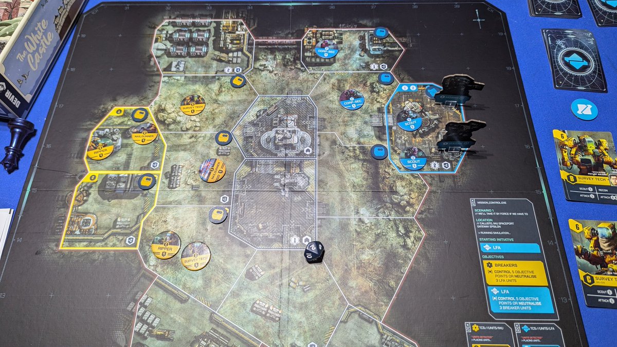 I can thoroughly recommend Undaunted 2200 Callisto by <a href="/OspreyGames/">Osprey Games 🎲</a>. This is the solo game state after 2 turns and I already love it. Techs tried to split up to get to the objectives while their nailgunner is pinned by a corp mech. Props to Digby/Turczi for an awesome bot system!
