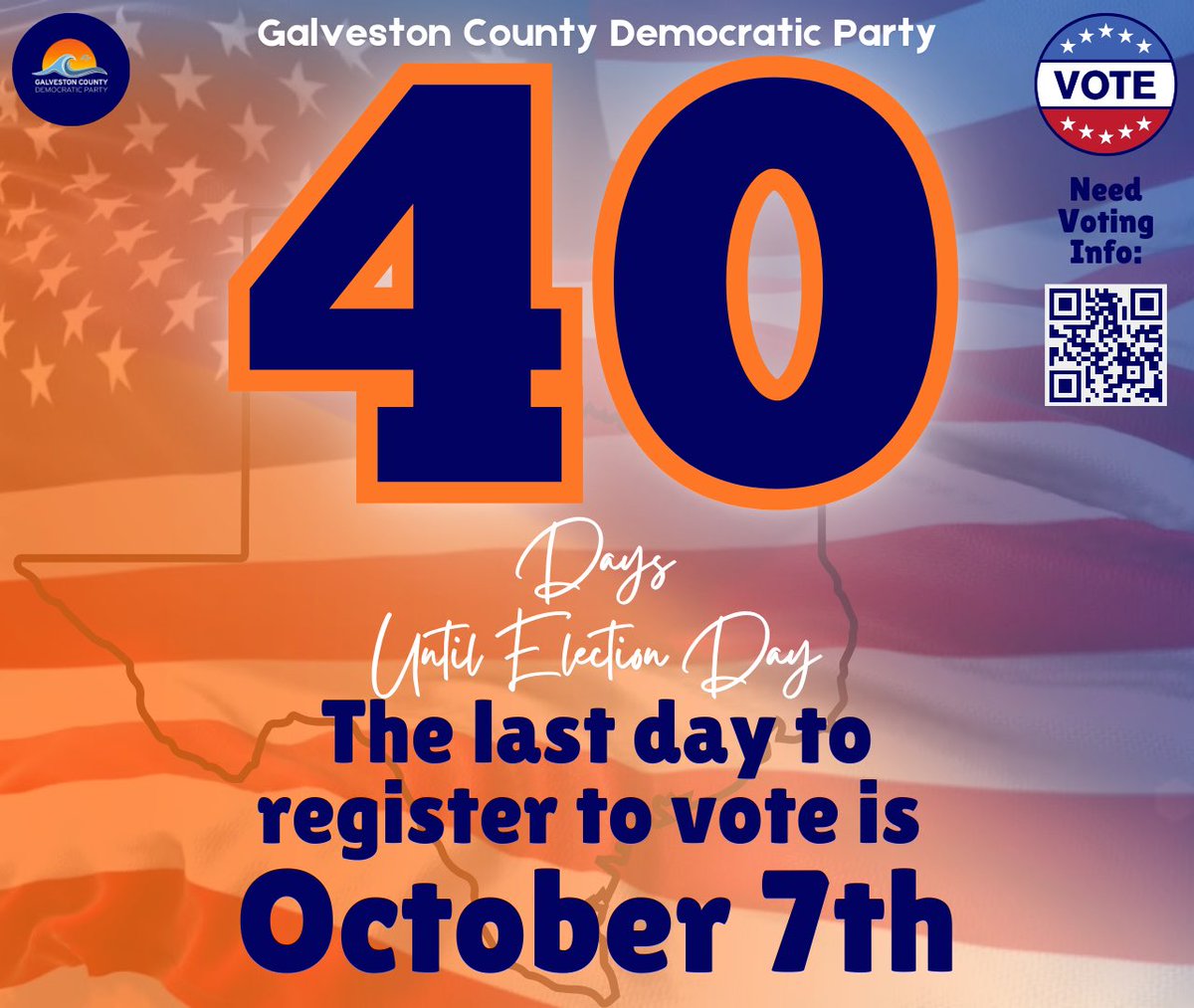 gcdptx's tweet photo. There are only 40 days till ELECTION DAY, but guess what? We are just 12 days from the last day to register to vote. 

📅 OCTOBER 7th

Do you need assistance? How can we help you or a neighbor get registered? 

#GCDPTX #RegisterNow # October 7th https://t.co/mHFCRyRgKc