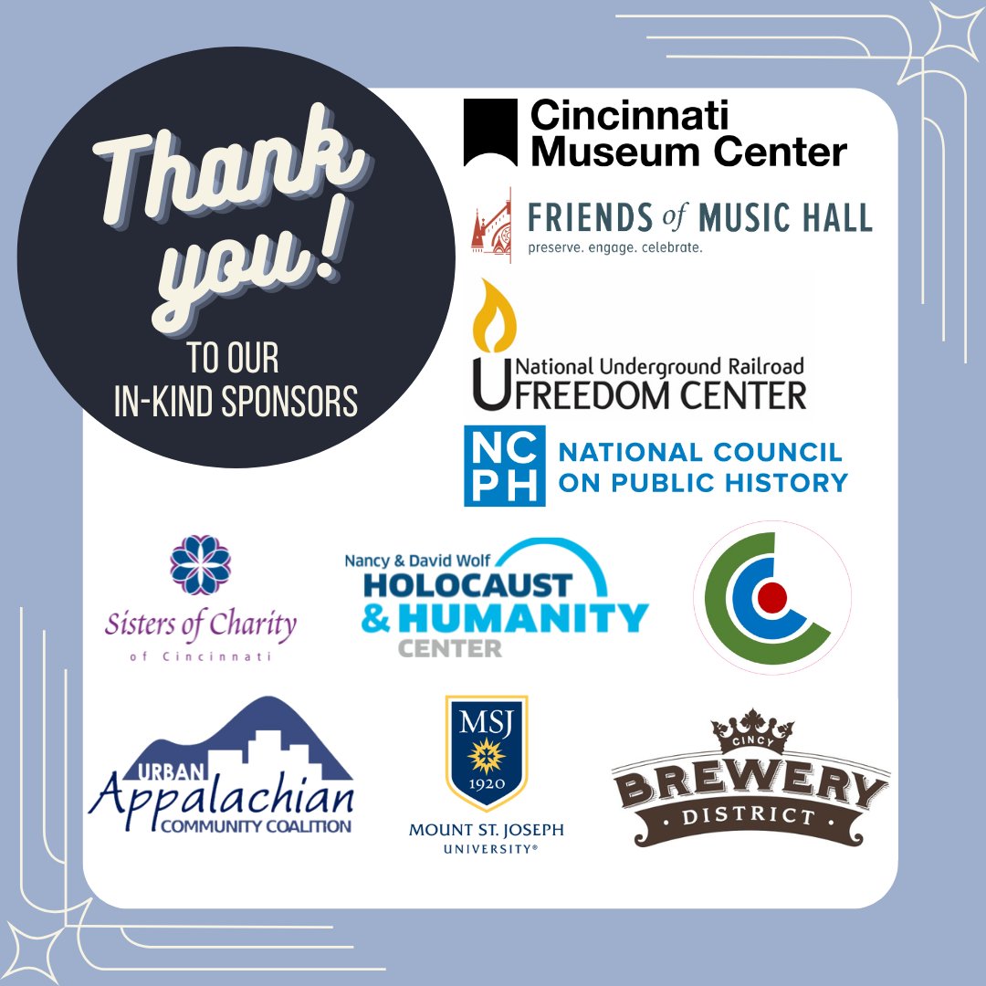 Oral History Association (@oralhistory) on Twitter photo Thank you to our incredible in-kind
sponsors who are making the 2024 Oral History
Association Annual Meeting possible! 🌟🙏#oha2024 <a href="/CincyMuseum/">CincyMuseum</a> <a href="/FreedomCenter/">National Underground Railroad Freedom Center</a> <a href="/FriendsHall/">Friends of Music Hall</a> <a href="/ncph/">NCPH</a> <a href="/cincyhhc/">The Holocaust & Humanity Center</a> Thank you to our incredible in-kind
sponsors who are making the 2024 Oral History
Association Annual Meeting possible! 🌟🙏#oha2024 <a href="/CincyMuseum/">CincyMuseum</a> <a href="/FreedomCenter/">National Underground Railroad Freedom Center</a> <a href="/FriendsHall/">Friends of Music Hall</a> <a href="/ncph/">NCPH</a> <a href="/cincyhhc/">The Holocaust & Humanity Center</a>