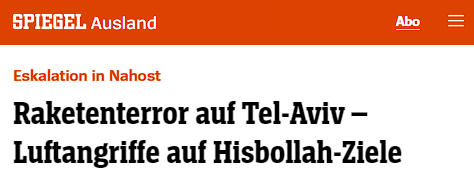 Der doppelte Maßstab der Nahost-Berichterstattung in einer Schlagzeile:
Einzelne Rakete durch die zum Glück keiner zu Schaden kam = "Raketenterror auf Tel-Aviv"
Tausende Bomben und Raketen, die Hunderte töteten, Tausende verletzten, Zehntausende vertrieben = "Luftangriffe auf
