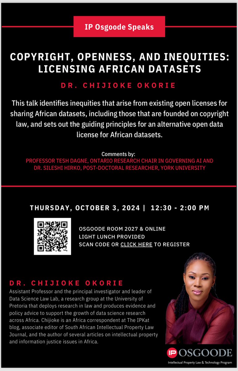 IP Osgoode (@iposgoode) on Twitter photo We can't wait to host <a href="/chythepenguide/">Chijioke Okorie</a> in our IP Osgoode Speaks series <a href="/OsgoodeNews/">Osgoode Hall Law School of York University</a>! Dr. Okorie's presentation will explore the inequities of open data licenses for African datasets. Comments by @Tesh_D & <a href="/SileHirko/">Sileshi Hirko</a>! Register to join us in person or online: machformext.osgoode.yorku.ca/machform/view.… We can't wait to host <a href="/chythepenguide/">Chijioke Okorie</a> in our IP Osgoode Speaks series <a href="/OsgoodeNews/">Osgoode Hall Law School of York University</a>! Dr. Okorie's presentation will explore the inequities of open data licenses for African datasets. Comments by @Tesh_D & <a href="/SileHirko/">Sileshi Hirko</a>! Register to join us in person or online: machformext.osgoode.yorku.ca/machform/view.…