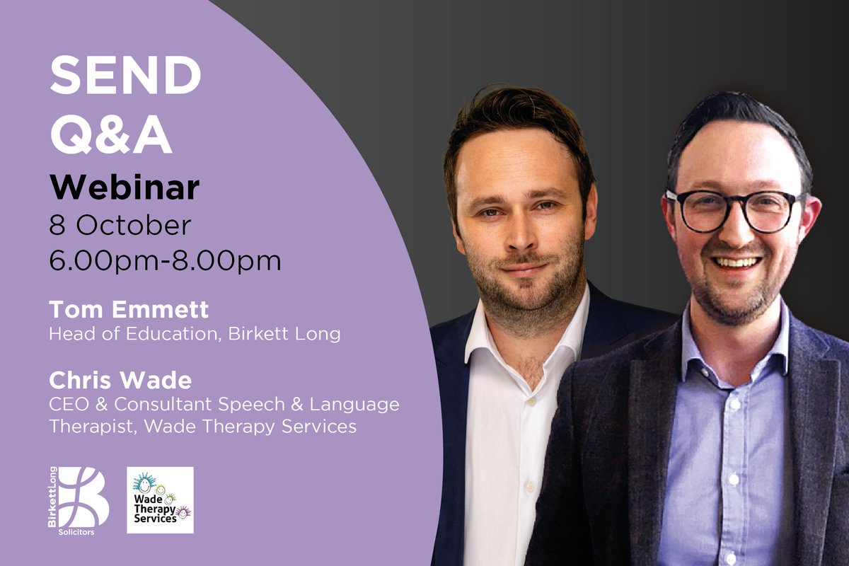 TJEmmett3's tweet photo. 📢Our next two SEND Q&amp;As will be led by Thomas Emmett, Head of Education at Birkett Long, and Chris Wade, a Consultant Speech and Language Therapist from Wade Therapy Services who specialises in assessing children for SEN/EHCP appeals. 
Sign up here: 
https://t.co/gn8rqNKMw7 https://t.co/eDXEZAw9X5