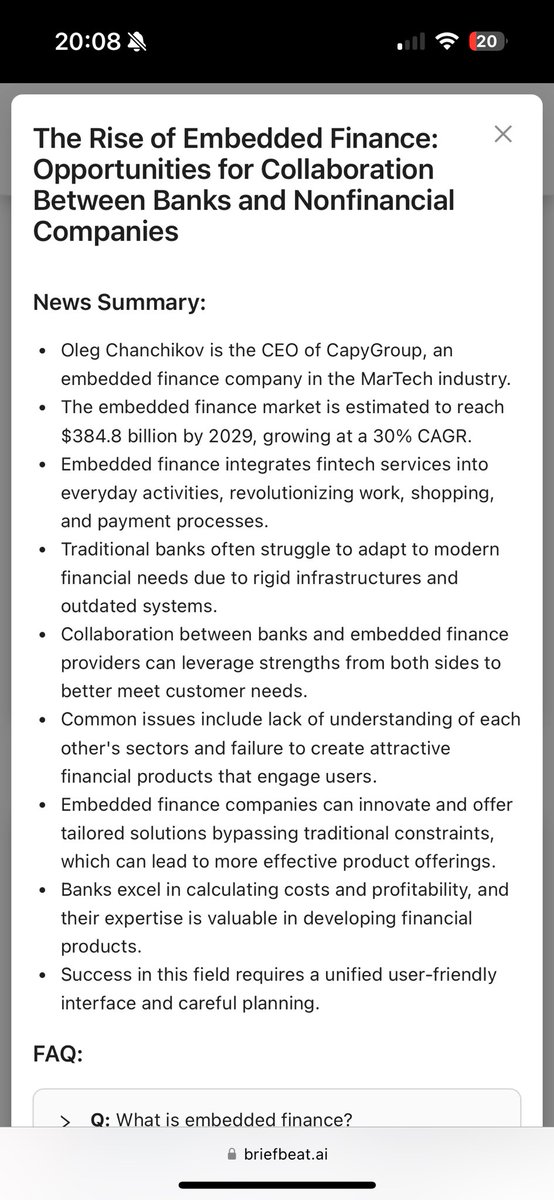 BriefBeat's tweet photo. The Rise of Embedded Finance: Opportunities for Collaboration Between Banks and Nonfinancial Companies via @briefbeat https://t.co/N01tfuR0q9 https://t.co/6jXMExTZNP