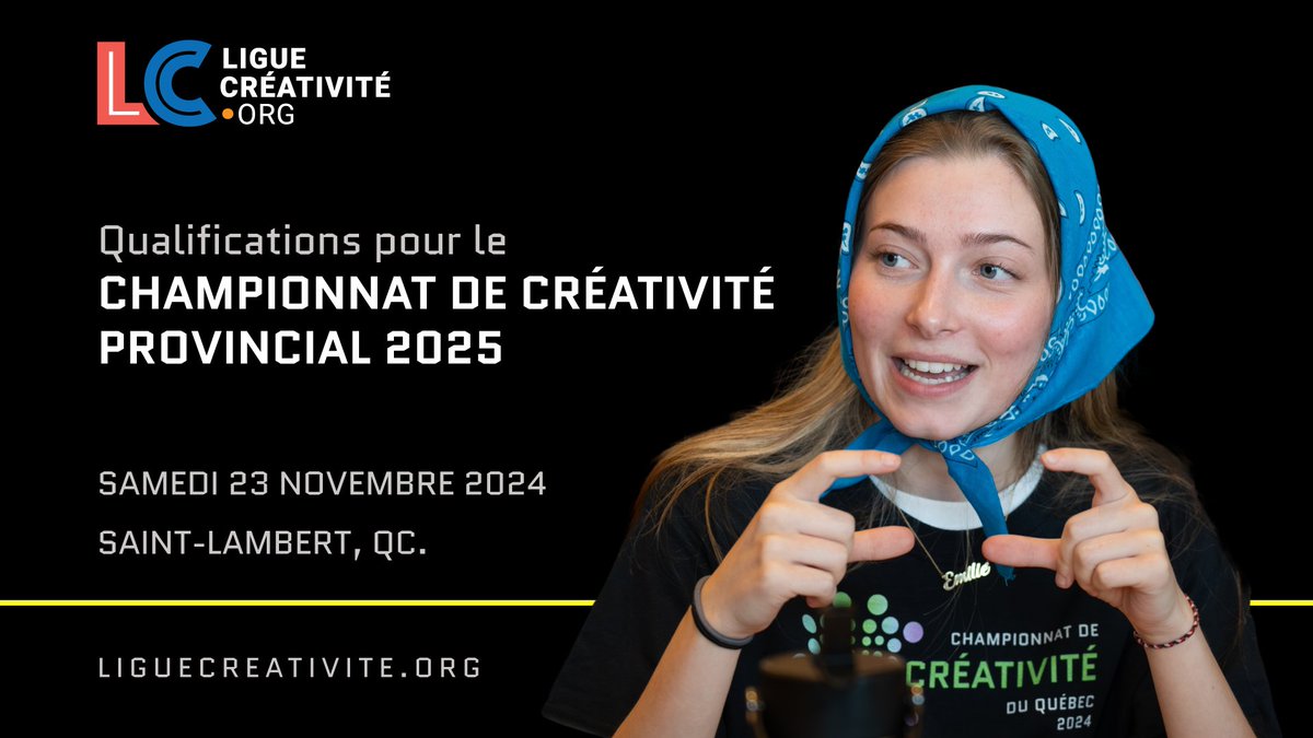 🎉 ANNONCE 🎉
Nous avons ouvert les inscriptions aux qualifications du Championnat de créativité provincial 2025!

Pour plus de détails et pour remplir le formulaire de candidature:
bit.ly/3djslr0

#liguecréativité #championnat #créativité #secondaire #compétences